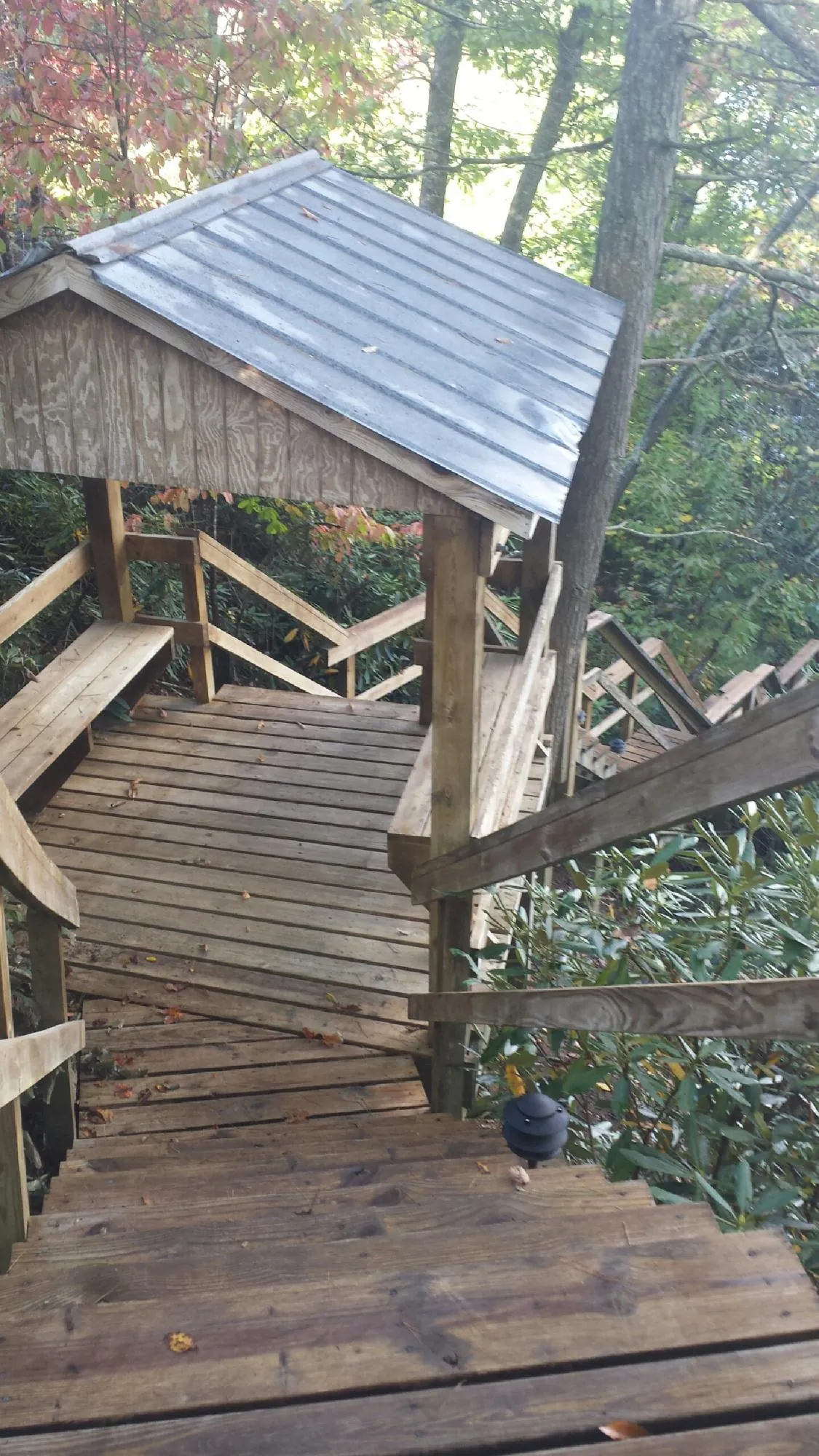 Metal roofed shelter over wooden steps on a wooded walkway — Skylight Repair & Installation work by our crew in Bly